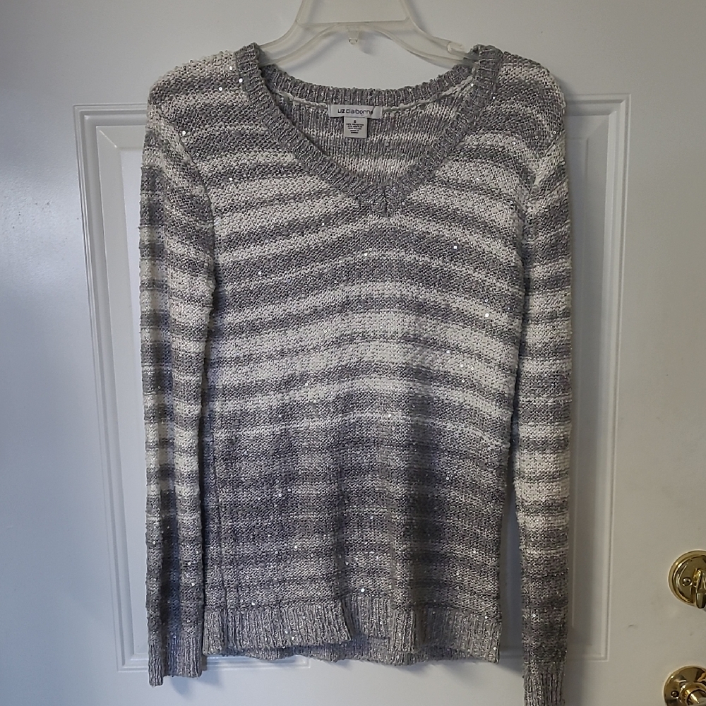 Liz Claiborne Gray and White V-Neck Sweater